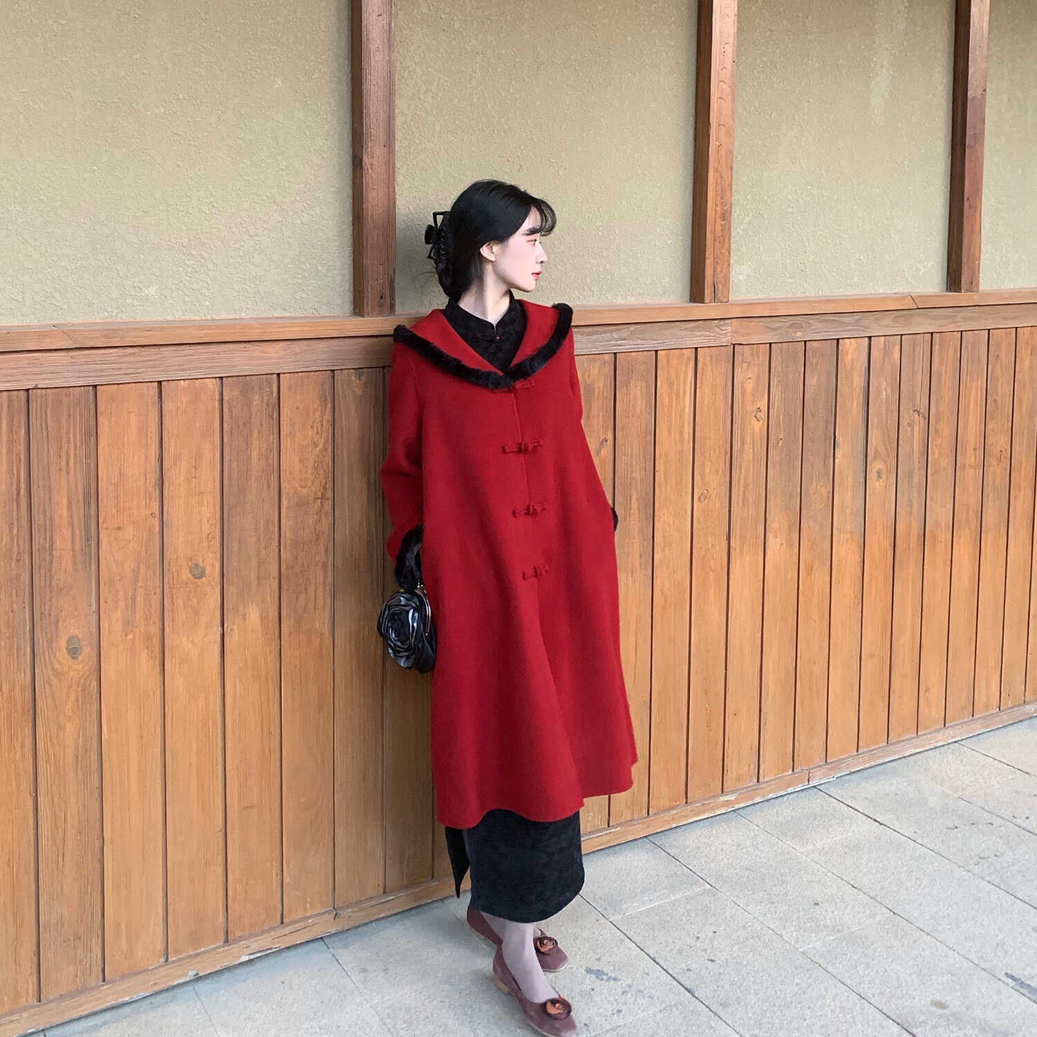 古法全開襟無省加厚黑色旗袍