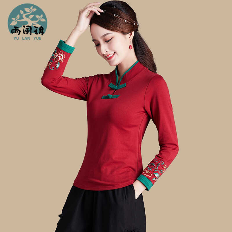 中國風盤扣立領上衣女繡花民族風女裝