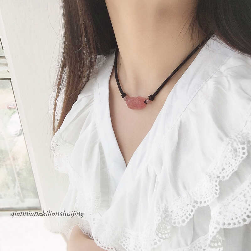 天然草莓晶貔貅項鏈女鎖骨鏈