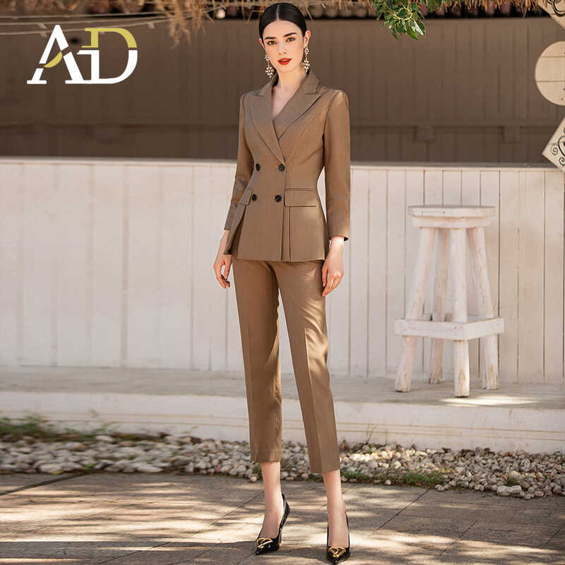 AD咖色職業裝女西裝套裝槍駁領雙排扣西服外套OL干練正裝職場女裝