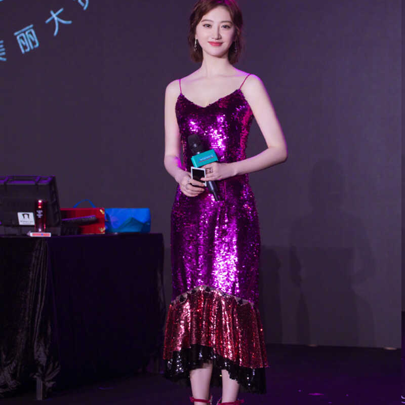 氣質(zhì)高貴優(yōu)雅紅色亮片禮服裙女吊帶端莊魚(yú)尾宴會(huì)連衣裙 香港海港城