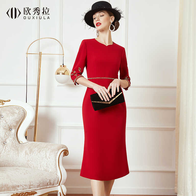 喜婆婆婚宴禮服連衣裙女結婚婚禮媽媽裝氣質高貴宴會敬酒服 歐秀拉