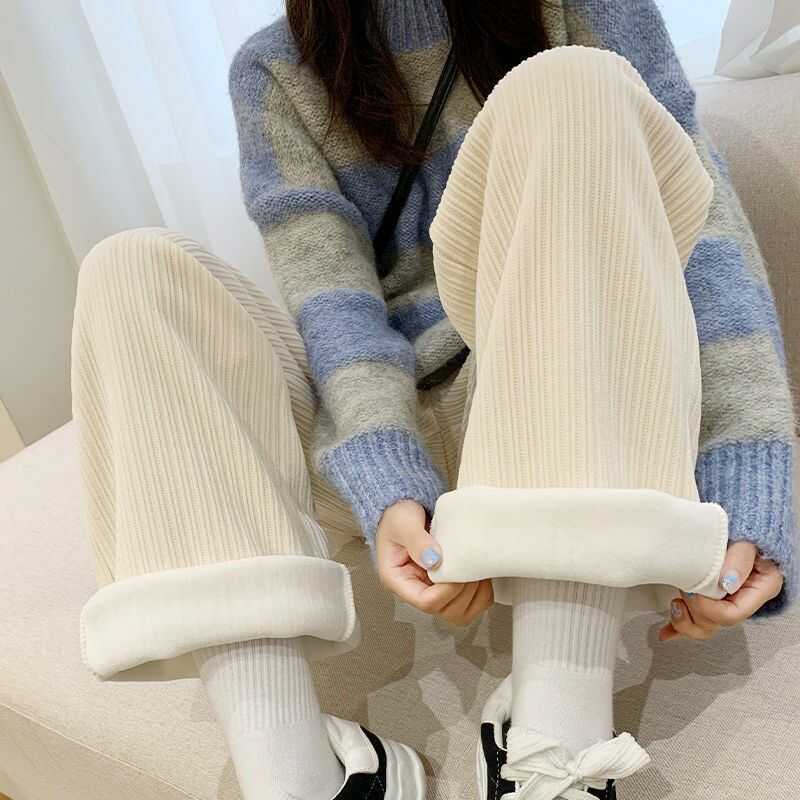 奶油闊腿褲子女高腰寬松顯瘦百搭垂感休閑直筒褲