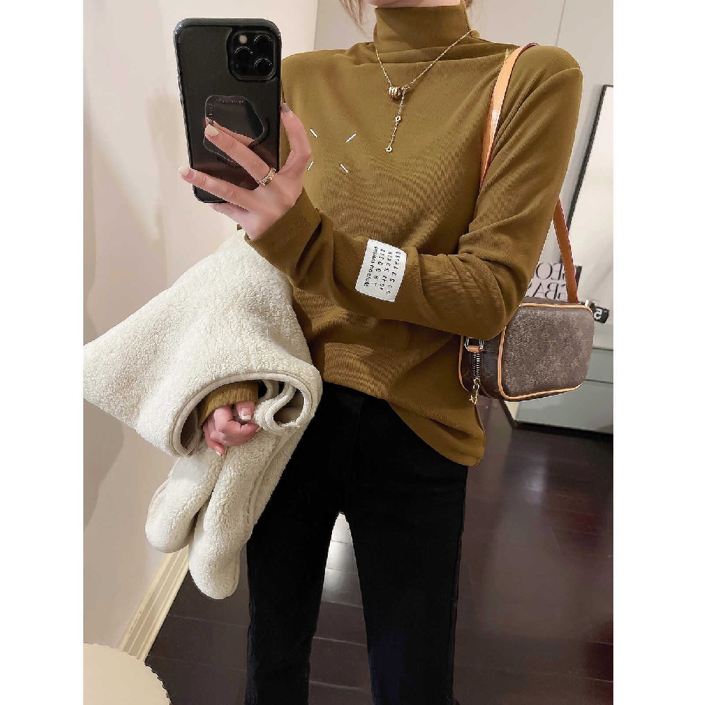 愛情魔鬼魚 咸菜綠半高領T恤女新款休閑百搭打底衫上衣