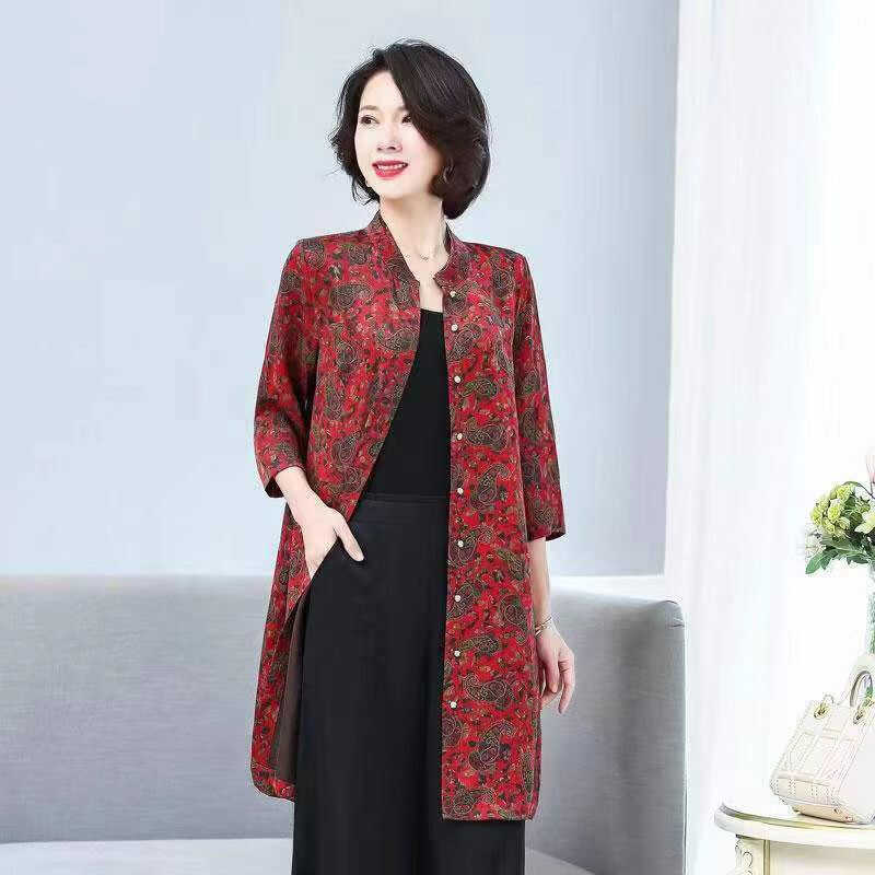 真絲外套上衣女士長款過膝風衣媽媽桑蠶絲紅色高檔中老年女裝 享自由