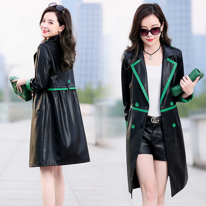 華哥弟情皮衣時尚綿羊皮百搭中長款皮衣風衣外套女