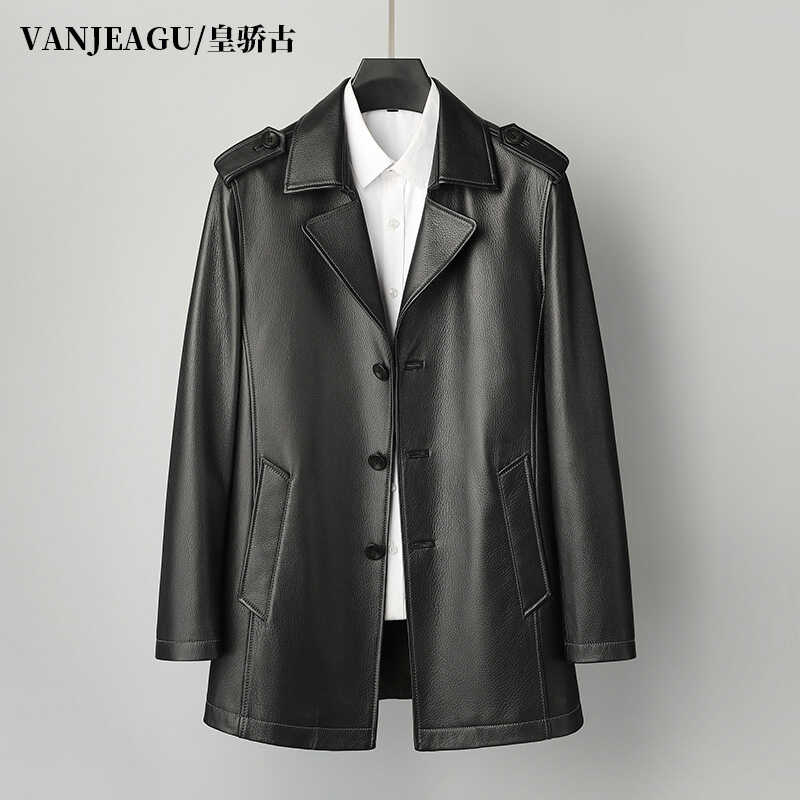 西裝領男中長款鹿皮真皮皮衣男裝翻領高檔真皮風衣休閑皮外套