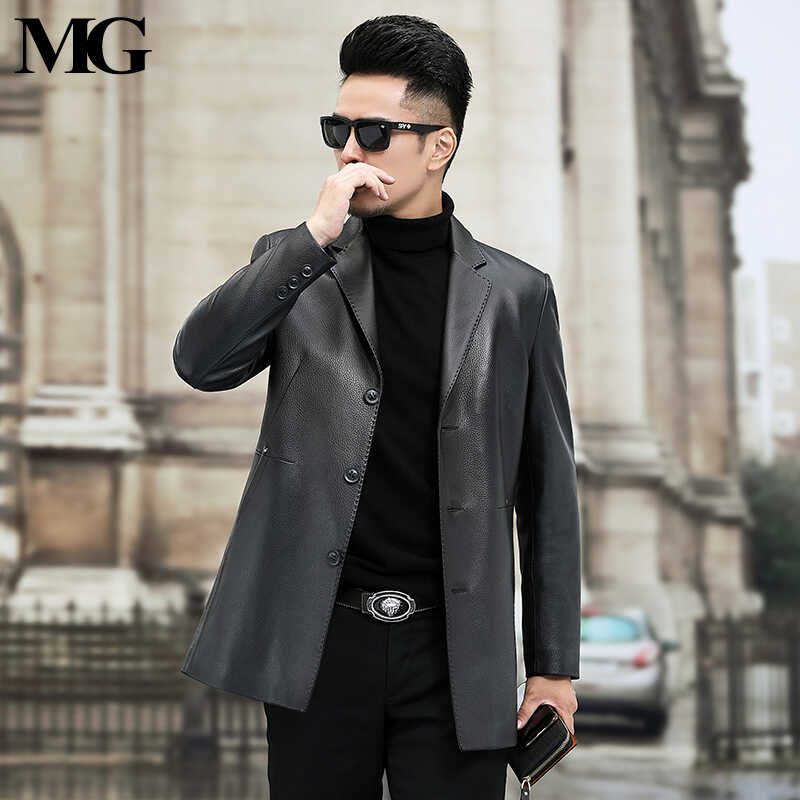 MG春秋高檔頭層山羊皮外套真皮皮衣男西服外套小風衣中長款皮西裝