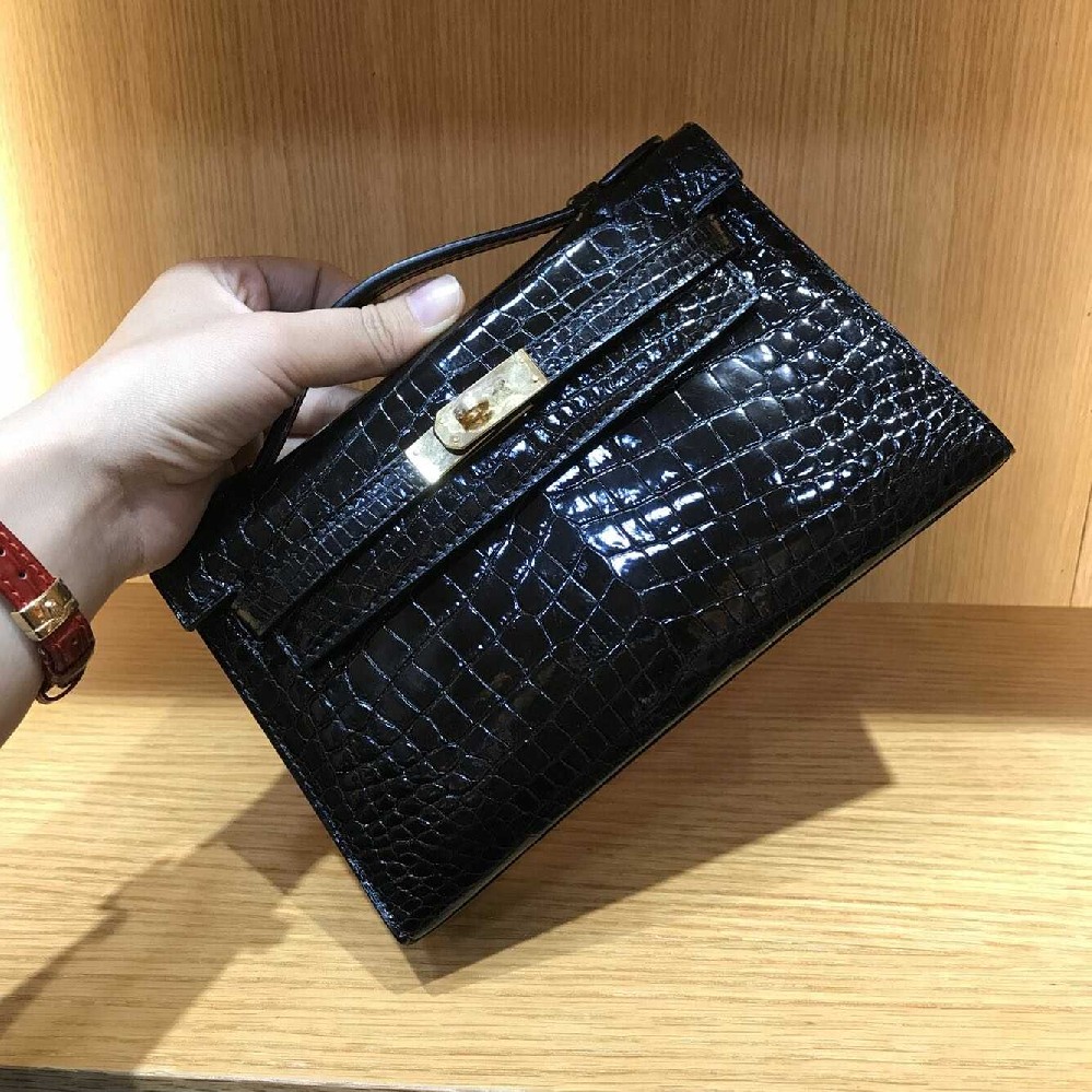 口亮光鱷魚肚皮女款手夾包鱷魚皮女包mini款全真皮包尺寸22