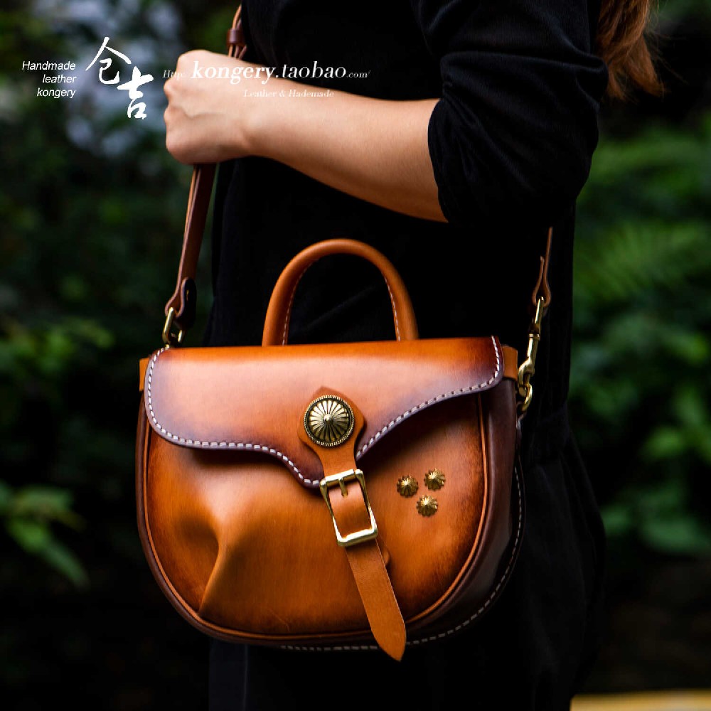 倉吉手工單肩包女款休閑包中國(guó)風(fēng)復(fù)古牛皮真皮手提包斜挎包郵差包
